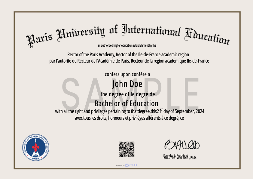 Bachelor of Education Sample Certificate